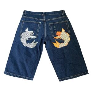 VTG Evisu Men’s Jean Shorts Sz 34 Embroidered Japanese Koi Fish Jorts Y2K READ